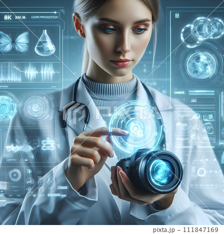 Side view of young female scientist in white lab coat and stethoscope working with futuristic hologram. Double exposure, Medical research and development concept. Generative Ai 111847169