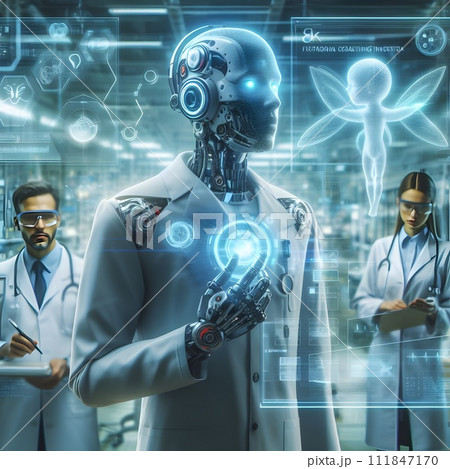 Side view of young female scientist in white lab coat and stethoscope working with futuristic hologram. Double exposure, Medical research and development concept. Generative Ai 111847170