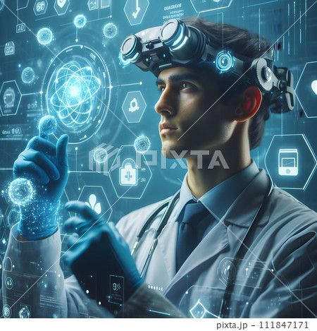 Side view of young female scientist in white lab coat and stethoscope working with futuristic hologram. Double exposure, Medical research and development concept. Generative Ai 111847171