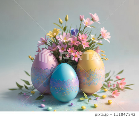 Easter colored eggs with designs and flowers on a blue background. 111847542