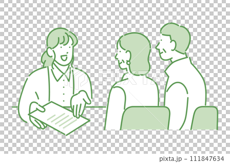 シニア夫婦に契約内容の説明をする女性 シニア夫婦に契約内容の説明をする女性 111847634