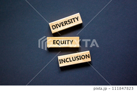 Diversity equity inclusion symbol. Concept words diversity equity inclusion on blocks on beautiful black table black background. Business, diversity equity inclusion concept. Diversity equity inclusion symbol. Concept words diversity equity inclusion on blocks on beautiful black table black background. Business, diversity equity inclusion concept. 111847823