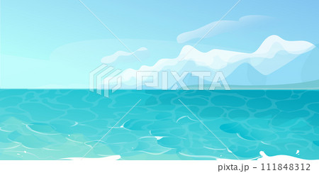 Ocean summer beach sea seashore, coastline with mountains on horizon. Seaside landscape, tropical beach landscape 111848312