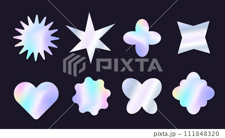 Holographic y2k future metal badge, stamp, trendy colored sticker set heart and abstract shapes. Silver foil tag collection Holographic y2k future metal badge, stamp, trendy colored sticker set heart and abstract shapes. Silver foil tag collection 111848320