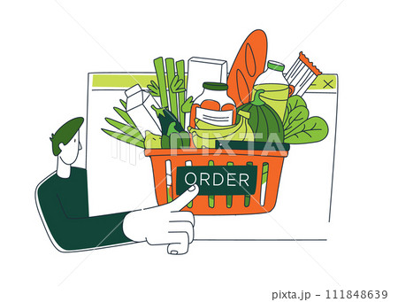 Grocery courier delivering online shop order background pattern. 111848639