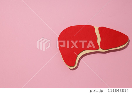 Paper mockup of liver on pink background, space for text 111848814
