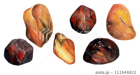 Hand drawn watercolor illustration precious semiprecious jewel gem crystal chakra birth stone. Amber garnet sunstone. Set of objects isolated on white background. Design print, shop, jewelry, fashion 111848822
