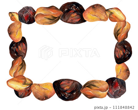 Hand drawn watercolor illustration precious semiprecious jewel gem crystal chakra birth stone. Amber garnet sunstone. Horizontal frame isolated on white background. Design print, shop, jewelry fashion 111848842