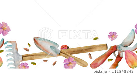Hand drawn watercolor illustration spring gardening tools, rake shovel pruning shears primula flower vintage. Seamless banner isolated on white background. Design print, shop, scrapbooking, packaging Hand drawn watercolor illustration spring gardening tools, rake shovel pruning shears primula flower vintage. Seamless banner isolated on white background. Design print, shop, scrapbooking, packaging 111848845