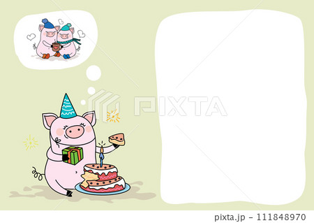 Banner or card with Funny and cute pig with cake, Banner or card with Funny and cute pig with cake, 111848970