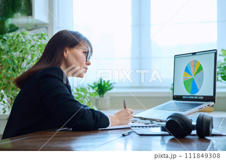 Mature serious business woman working at computer, workplace boss entrepreneur 111849308