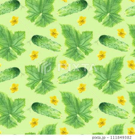 Watercolor seamless repeat pattern with green vegetable cucumber with leaf and flowers. For fabric textile Watercolor seamless repeat pattern with green vegetable cucumber with leaf and flowers. For fabric textile 111849382