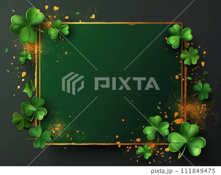 St Patrick's Day themed background with green leaves, flowers, clovers, and a tree branch illustration, perfect for summer celebrations and festive designs 111849475