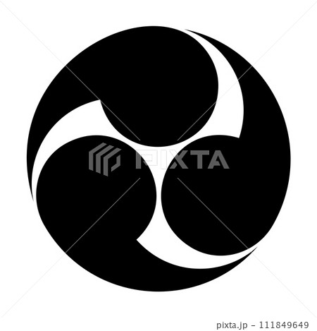 Japanese tomoe symbol, the left threefold Mitsudomoe. A swirl of three commas or tadpoles, circumscribed in a circle. Widely used for or emblems, banners, rituals, festivals and in Shinto shrines. Japanese tomoe symbol, the left threefold Mitsudomoe. A swirl of three commas or tadpoles, circumscribed in a circle. Widely used for or emblems, banners, rituals, festivals and in Shinto shrines. 111849649