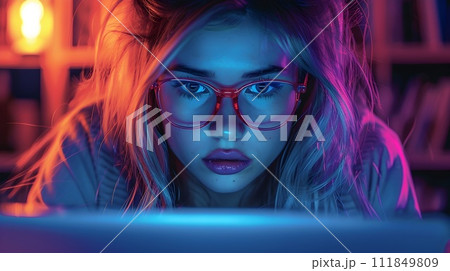 Stylish Girl in Glasses Working on Laptop at Night 111849809