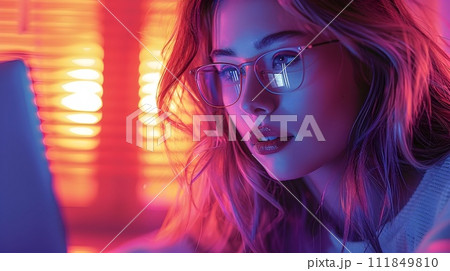 Woman Working on Laptop at Night in Vibrant Neon Light 111849810