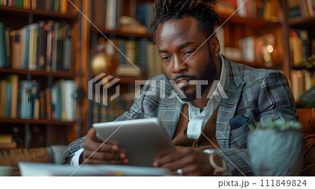 African American Man in Suit Using Digital Tablet at Home 111849824