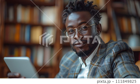 African Man Studying on Tablet in Modern Library 111849825