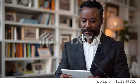 Businessman Studying on Tablet in Living Room with Black Arts Movement Style 111849826