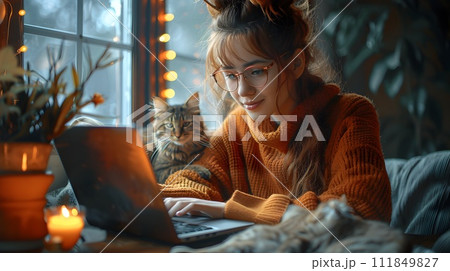 Young Woman Working on Laptop with Cat by Her Side 111849827