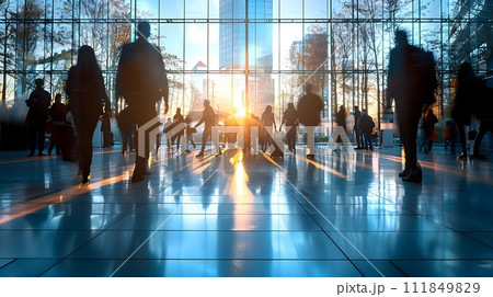 Silhouettes of People Walking in a Business Office Building at Sunset 111849829