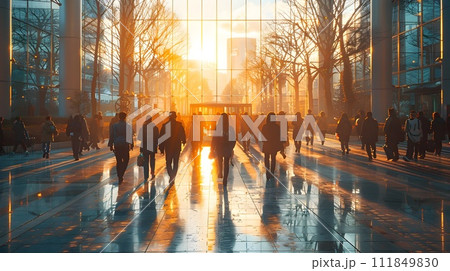 Urban Setting with Silhouetted People at Sunrise and Sunset 111849830