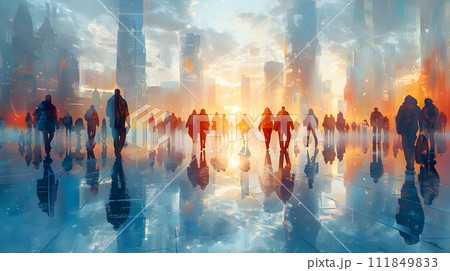 People Walking by Futuristic City in Post-Apocalyptic Landscapes 111849833