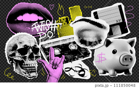 Collage design elements set in trendy dotted style. Retro halftone effect skull, rock hand, mouth, closed eye, cassette, floppy disk, piggy bank, lighter. Vector vintage grunge punk cutout shapes 111850048