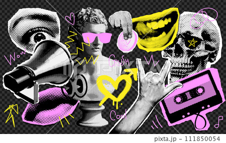 Halftone Collage design elements in trendy halftone collage magazine style. Cassette, statue, skull, megaphone, eye, mouth, rock hand. Vector y2k illustration with vintage grunge punk cutout shape. 111850054