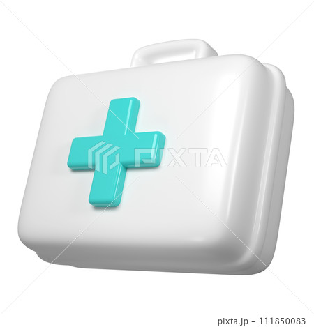 3d rendering of first aid medical box with turquoise cross icon. Healthcare industry supplies and drugs 111850083