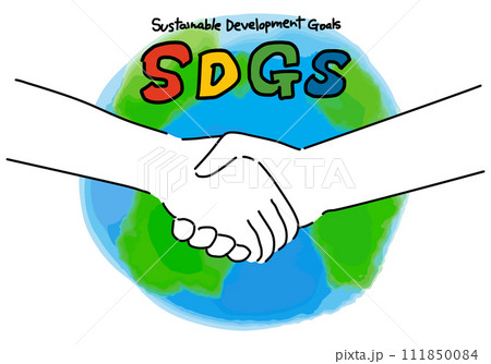 握手する手と地球（南半球）とSDGsのアイコン 111850084