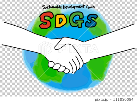 握手する手と地球（南半球）とSDGsのアイコン 111850084