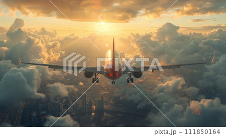 Commercial Jet Airplane Flying Above Clouds at Sunrise Commercial Jet Airplane Flying Above Clouds at Sunrise 111850164