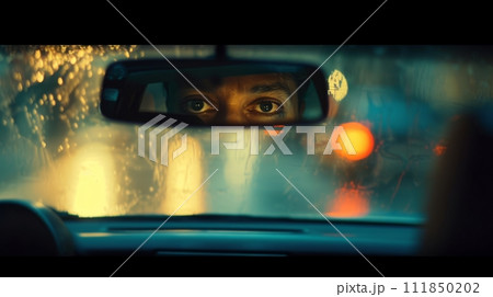 Intense Gaze Reflected in Rearview Mirror on Rainy Evening 111850202