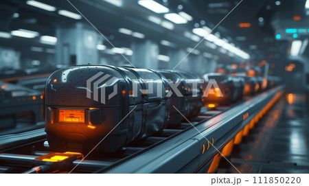 Vibrant Orange Luggage on Airport Conveyor 111850220