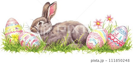 Easter Bunny with Decorated Eggs in Grass 111850248