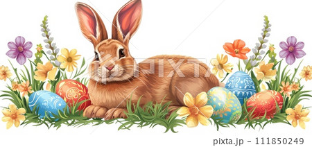Easter Bunny with Decorated Eggs in Grass Easter Bunny with Decorated Eggs in Grass 111850249