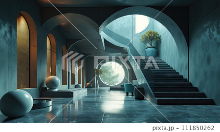 Abstract white and concrete parametric interior 111850262