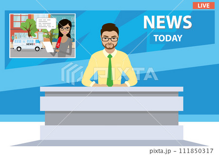 European or arabic male television host in modern studio, European or arabic male television host in modern studio, 111850317