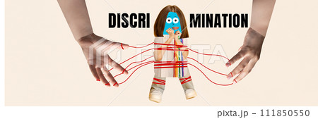 Lgbt supporter. Female character bound by strings from abstract hands with discrimination text. Contemporary surreal artwork. Lgbt supporter. Female character bound by strings from abstract hands with discrimination text. Contemporary surreal artwork. 111850550