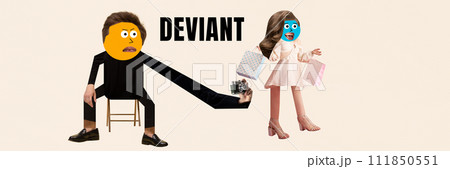 Deviant. Abstract male character taking secretly photo of woman walking with shopping bags. Contemporary surreal artwork. 111850551
