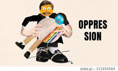 Abstract male character leading control over female character. Oppression. Contemporary surreal artwork. Abstract male character leading control over female character. Oppression. Contemporary surreal artwork. 111850564
