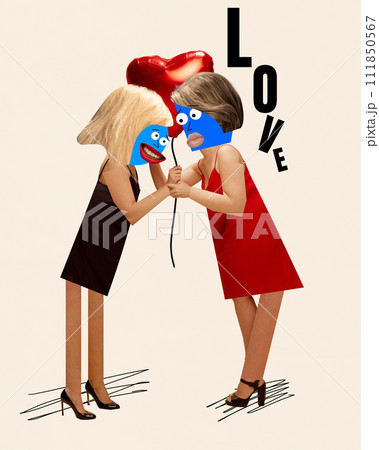 Two female characters holding hands with heart balloon, text LOVE above. LGBTQIA community. Contemporary surreal artwork. Two female characters holding hands with heart balloon, text LOVE above. LGBTQIA community. Contemporary surreal artwork. 111850567