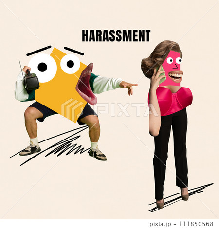 Abstract male character pointing on woman and shouting in manipulative offensive ay. Gender discrimination and domination. Contemporary surreal artwork. 111850568