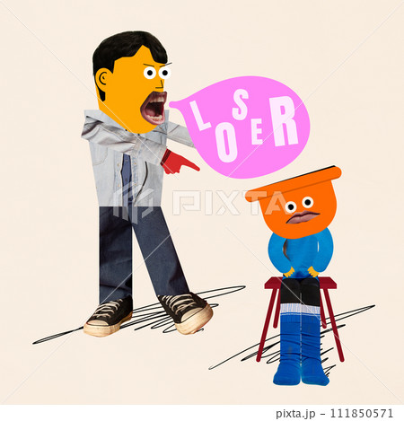 Abstract cartoon style characters in confrontation, one yelling with speech bubble, other feeling sad. Contemporary surreal artwork. 111850571