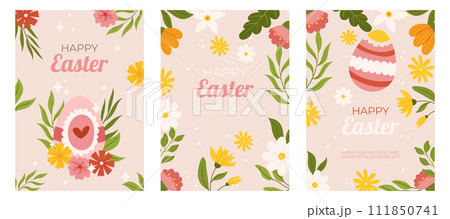 Easter collection of vertical greeting cards template. Design with flowers and painted eggs. Hand drawn flat vector illustration. Easter collection of vertical greeting cards template. Design with flowers and painted eggs. Hand drawn flat vector illustration. 111850741