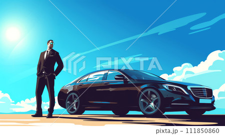 Confident Businessman with Luxury Sedan 111850860