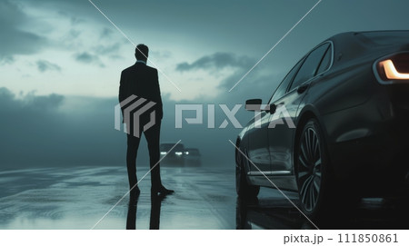 Mysterious Man in Suit by Sedan on a Foggy Evening 111850861