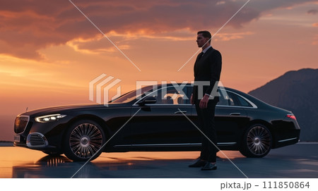 Elegant Man in Black Suit Next to Luxury Sedan 111850864