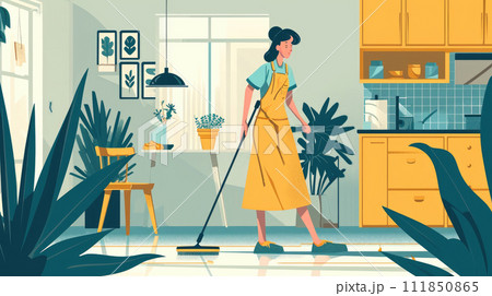 Woman Mopping Floor in Sunny Kitchen 111850865